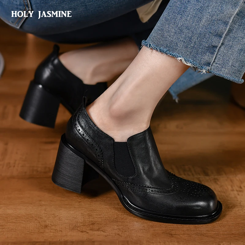 

2023 Spring New Slip on Genuine Leather Shoes Woman Classics Retro Loafers Platform Pumps Ladies Square High Heels Single Shoes