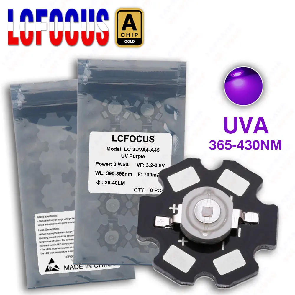 Фото 3Вт UV ультрафиолетовый 365нм 370нм 375нм 380нм 385нм 390нм 395нм 400нм 410нм 420нм UVA светодиодный чип COB для сканера принтера №1