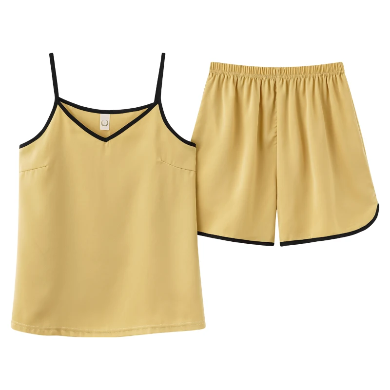CAIYIER Summer Silk Pajamas Set Pure Color Sleeveless Strap Nightwear Cami Top + Shorts Sexy Lingerie Sleepwear For Women M-4XL