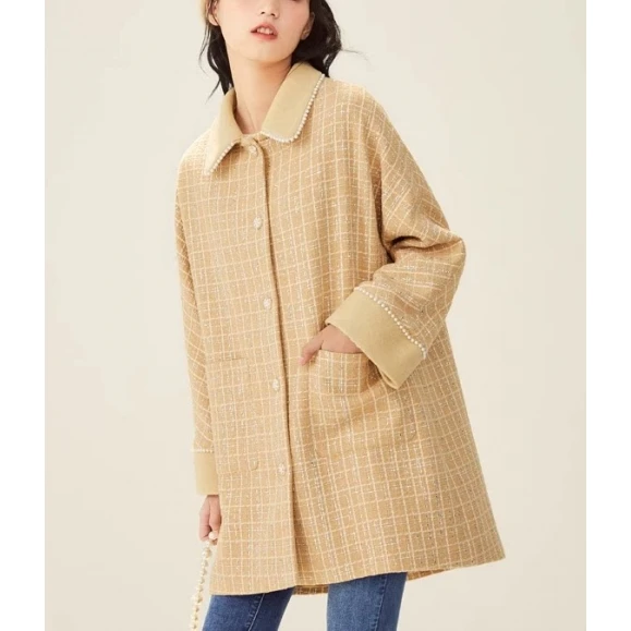 Cut the Tag off Women clothes Wool coat Women's Spring and Winter Tweed Pearl Woolen Outerwear Loose Mid-Length Cwaab0