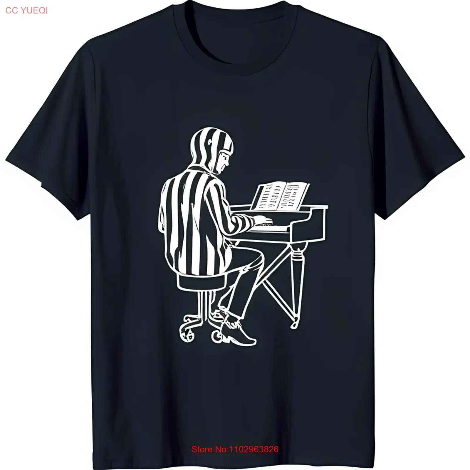 Элегантная черная футболка с яркой черно-белой иллюстрацией фортепиано