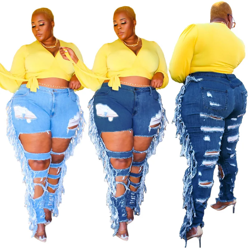 

2022 Autumn Women's INS New Fashion Hole Tassel Tight Sexy Plus Size Jeans