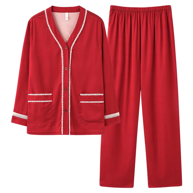 Pajamas Women's Spring and Autumn New Long Sleeve Ice Silk Thin Outer Wear Red for Women Suit Wedding Set Spring and Summer Home