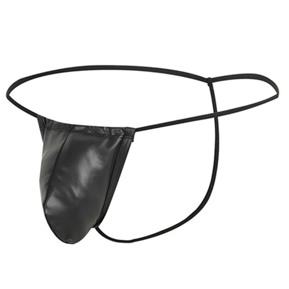 

Mens Sexy Shiny Glossy Patent Leather G String Enhance Bulge Pouch Thong Low Waist Underpants Male Erotic Buttocks Hollow Thong