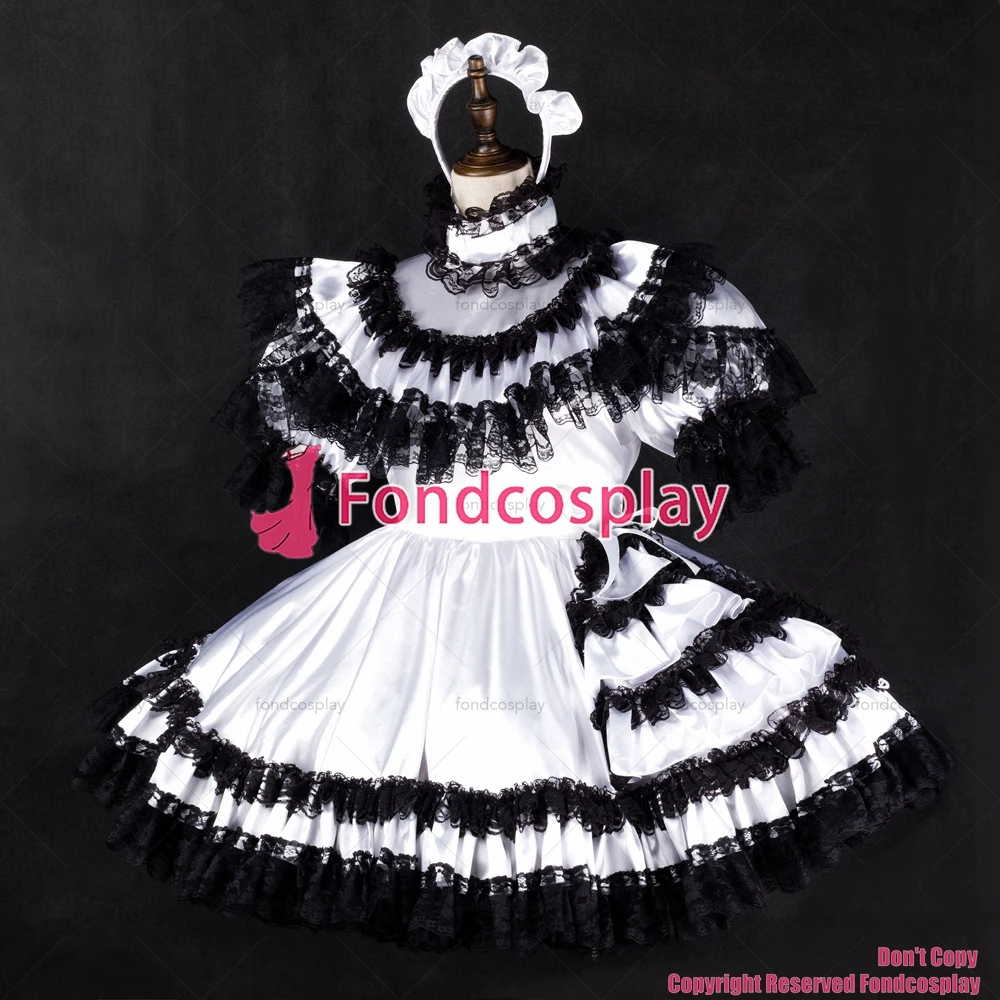 

Сексуальная одежда для взрослых с крестом fondcosplay, блестящее короткое белое атласное платье, Черная кружевная Запираемая униформа, костюм дл...
