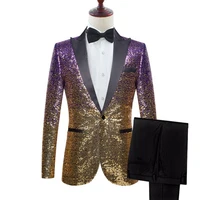 Mens Fashion Gradual Change Color Sequins Two Pieces Set Suits Men Party Wedding Dress Tuxedo Suit (Blazer+Pants) Costume Homme