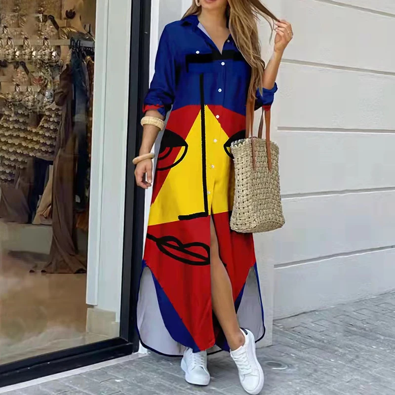 

Elegant Turn-down Collar Long Sleeve Party Dress Women Retro Pattern Print Maxi Dress Spring Autumn Fashion Button Casual Dress
