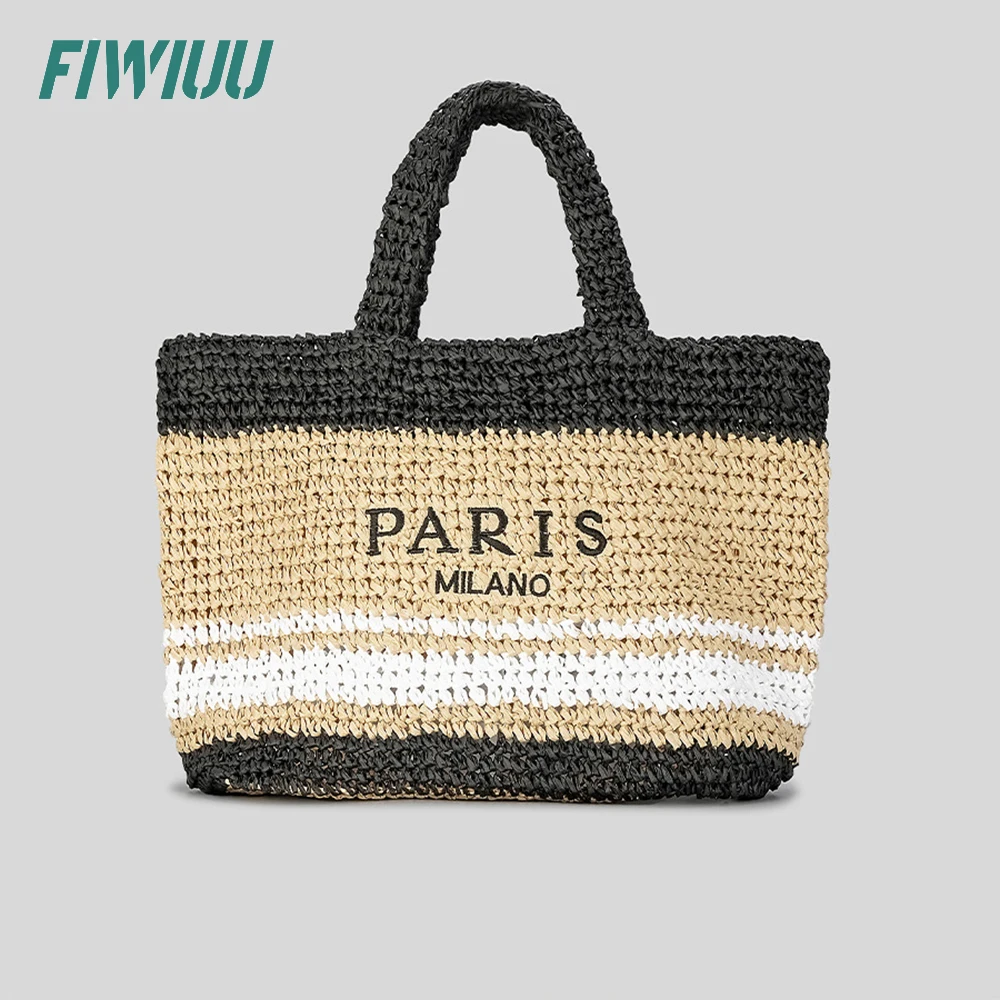 Fiwiuu Womens Handmade Straw Bag Travel Beach Tote Fishing Mesh Bag Straw Woven Bag Shopper Bag With Letter Print