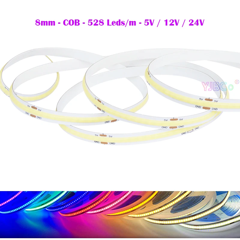 5M Flexible COB LED Strip White/Warm white/Natural White/Blue/Ice Bule/Red/Green/Pink Light Tape 528LEDs/m 5V 12V 24V 8mm FPCB