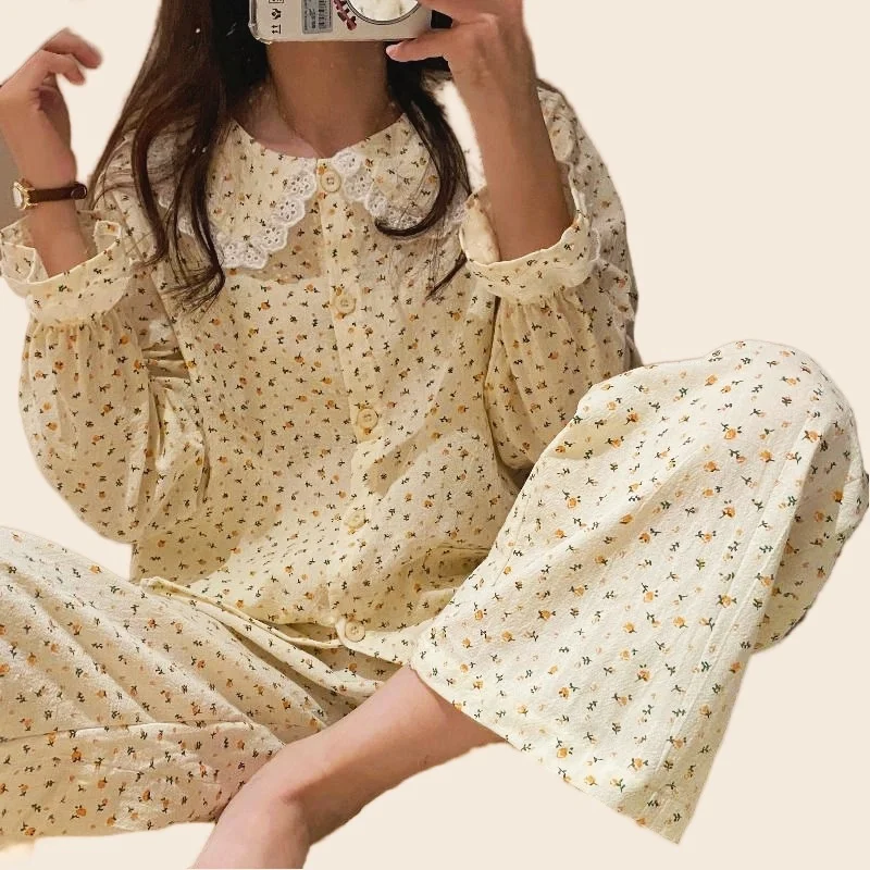 Cotton Pajamas Set Full Sleeve T-shirt Long Pants 2Piece/Set Autumn Sexy Lace Flower Print Pyjama Big Size Mom Homewear Cozy PJS