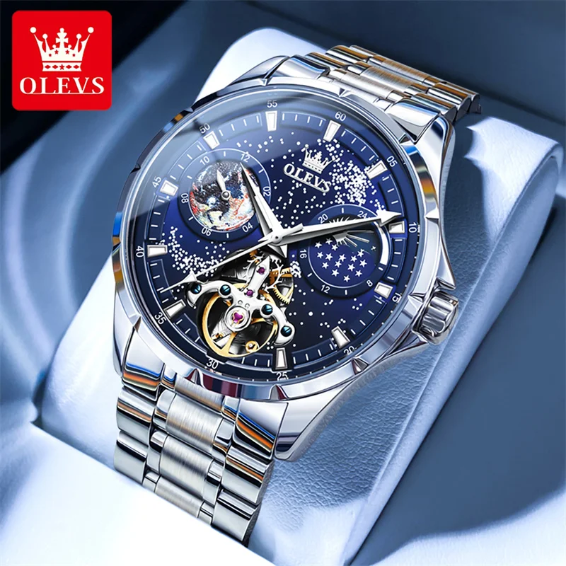 

OLEVS Original Automatic Mechanical Watch For Men Brand Luxury Moon Phase Tourbillon Wristwatch Waterproof Luminous Reloj Hombre