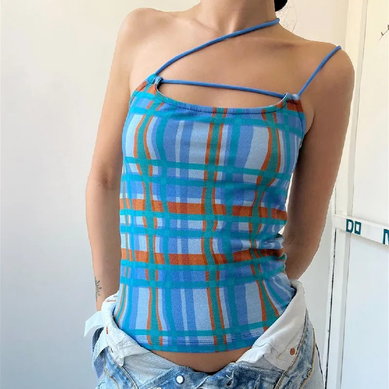 

Vintage Plaid Print Off Shoulder Halter Blue Slim Camisole Sleeveless Tops Lace Up Sexy Crop Top Summer Fashion Open Back Basic