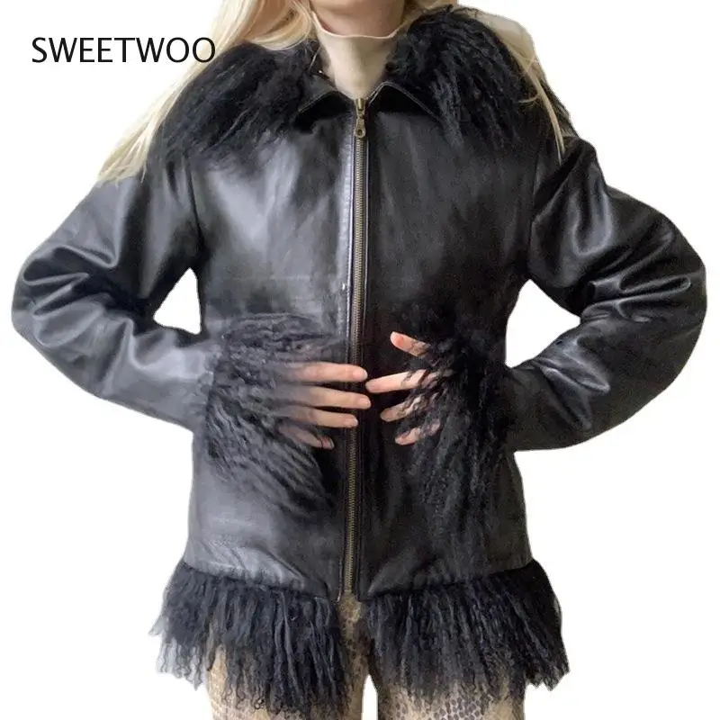 Autumn and Winter New Style Tassel Fur Stitching Artificial Leather PU Leather Jacket Black Zipper Loose Hooded Casual Jacket