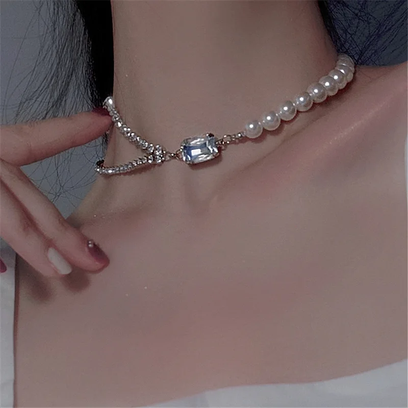 

Senior Sense of Artificial Pearl Splicing Necklace Female Niche Choker Collarbone Chain Double Layer Rhinestone Crystal Jewelry