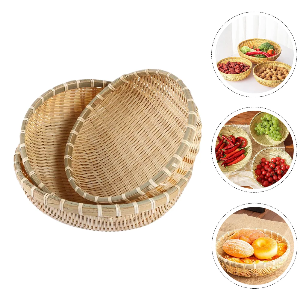 

Basket Woven Tray Fruit Serving Baskets Wicker Bread Rattan Storage Round Vegetablekitchen Rustic Holder Snack Shallowhandmade