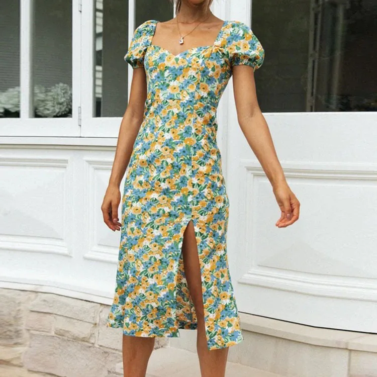 

Women's 2023 printed hem temperament square neck bubble sleeve split waist dress
