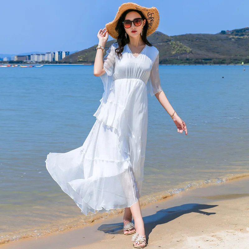 

Summer New Beach Skirt Women's Lace Seaside Resort Bohemian Mulberry Silk Fairy Dress Lady Long Skirt