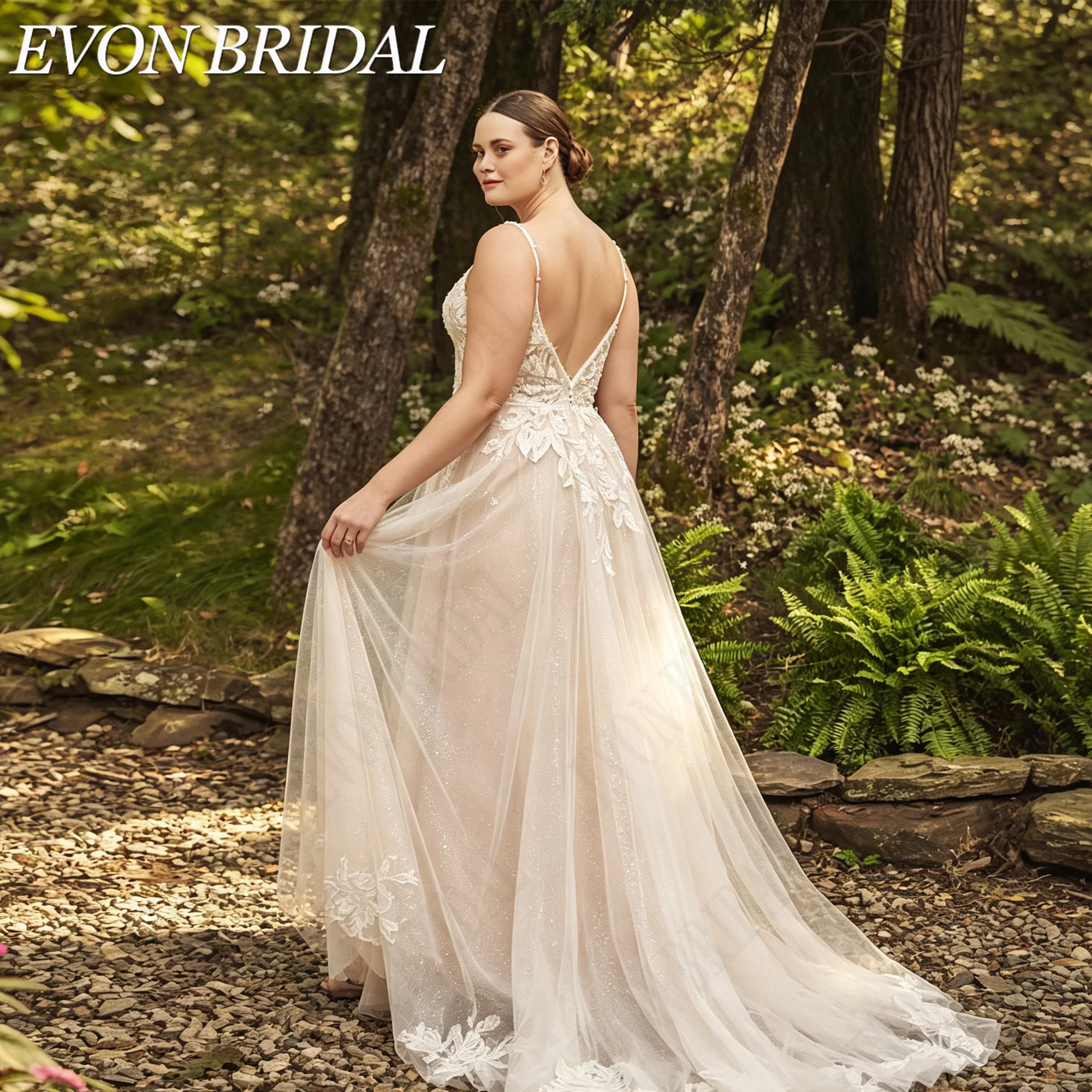 EVON BRIDAL Свадебное платье на тонких бретелях с аппликациями для пышных женщин глубокое V вырез А-силуэт высокий разрез свадебное платье заказ элегантное подвенечное платье для невесты ручная вышивка индивидуальный (art.: 3920dbff23b01) - 3920dbff23b01
