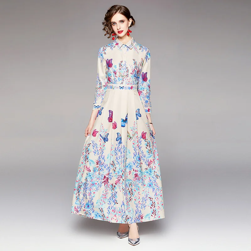 

Designer Butterfly Floral Prints Shirt Dress Elegant Runway Office Lady Long Sleeve Vintage Maxi Dresses for Women