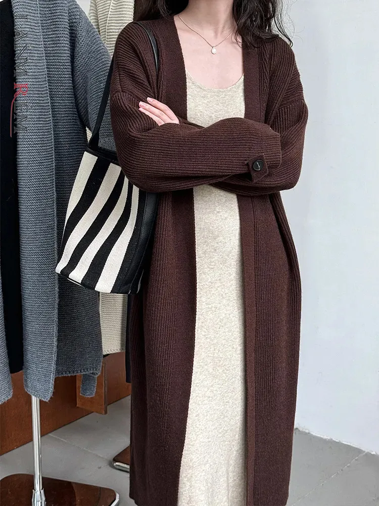 

[LANMREM] Solid Minimalism Knitting Cardigan Sweater Coats For Women Long Sleeve Warm Female Clothing 2023 Winter New 26D6557
