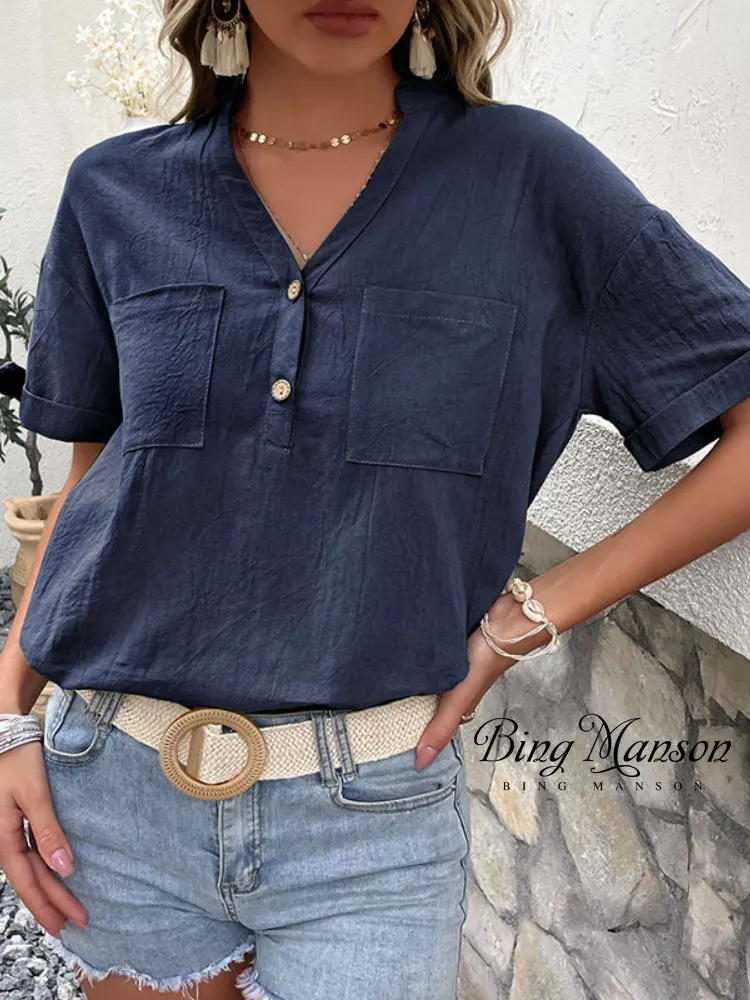 

Women's Summer 2023 New Commuter Shirt Casual Standing Collar Pullover Shirt Women Camisas Mujer Blusas