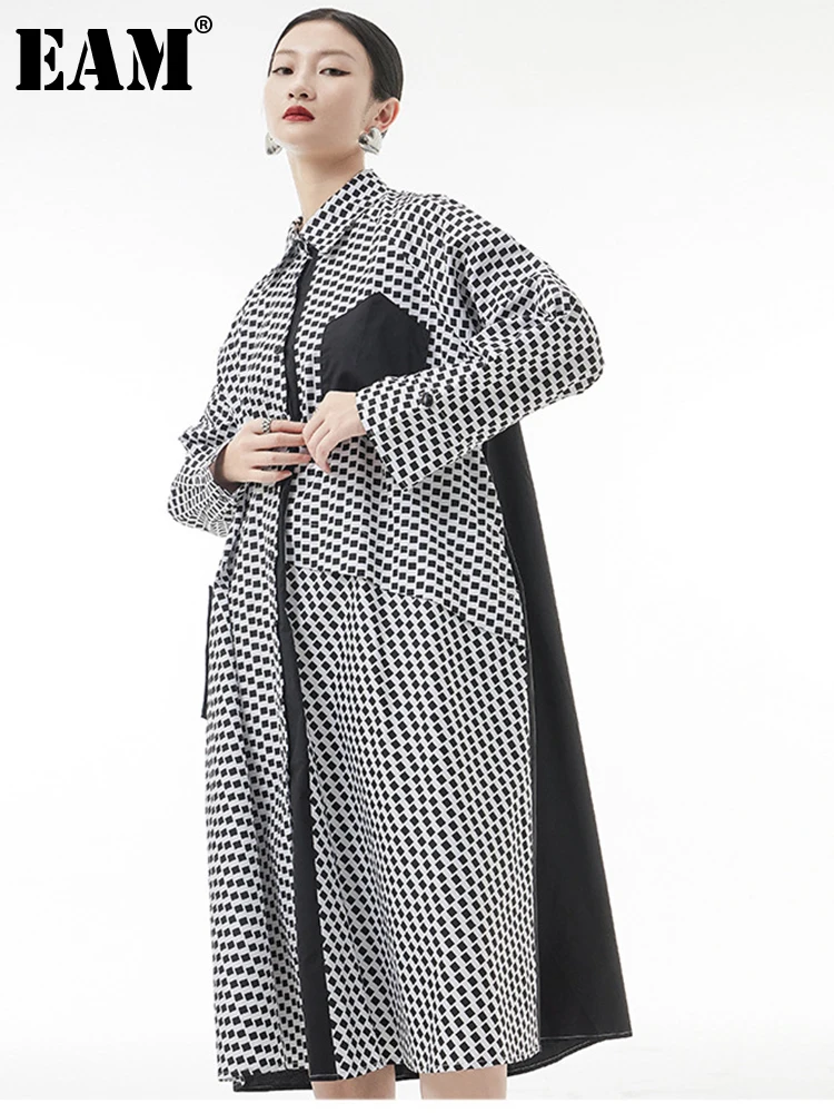 

[EAM] женское черное клетчатое платье большого размера, платье-рубашка с отворотом, длинный рукав, свободный крой, весна-осень 2022, 1DE6311