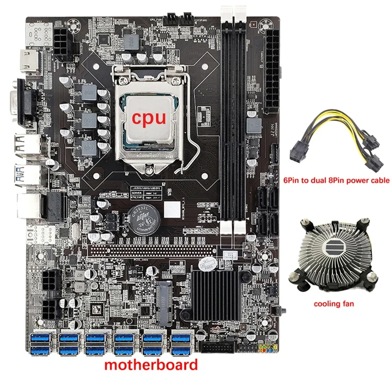 

B75 12 GPU Mining Motherboard+CPU+Fan+Power Cable 12 USB3.0 To PCIE 1X Slot LGA1155 2X DDR3 Slot SATA3.0 For BTC/ETH