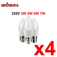 4pcs led candle bulb c37 3w 5w 6w 7w e14 e27 b22 e14 ac220v 240v warm white cold white daylight for home decoration lamp