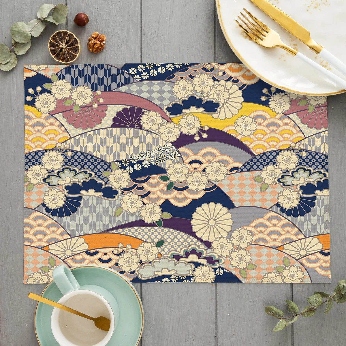 

Japanese Traditional Pattern Kitchen Placemat Cotton Linen Vintage Luxury Dining Table Mats Coaster Pad Bowl Cup Mat Home Decor