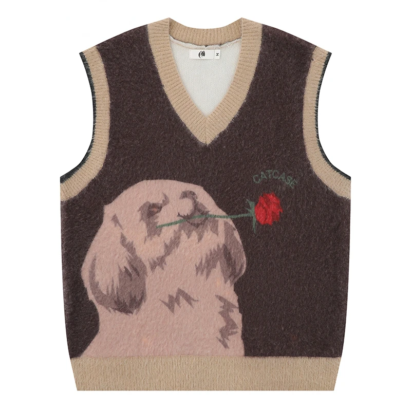 

Джемпер мужской трикотажный без рукавов, свитер в стиле хип-хоп, милый жилет с принтом собаки, модная повседневная Уличная одежда в стиле Харадзюку, осень