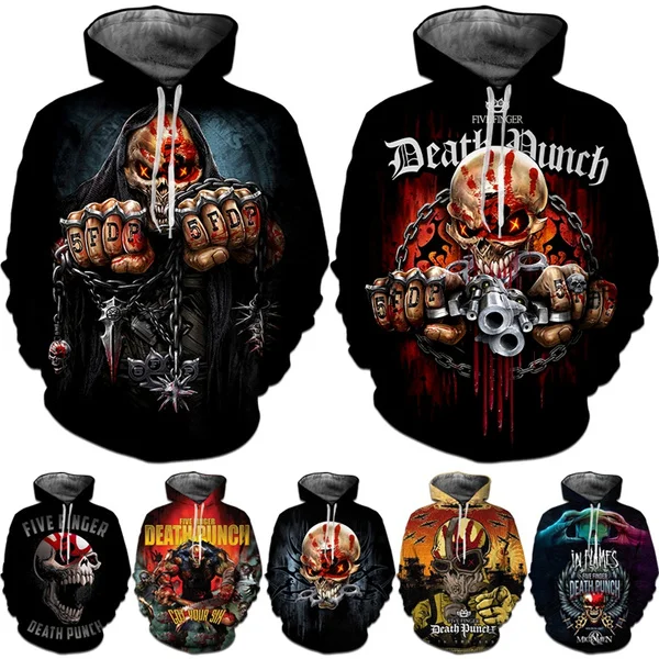 New 3d Gothic Skull Print Five Finger Death Punch Hoodie Mens Fashion Hip Hop Personalized Long Sleeve Cool Pullover Sweatshirt