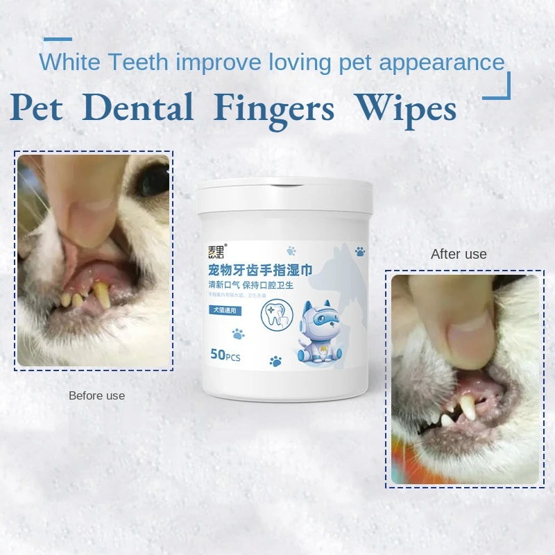 

Pet Dental Fingers Wipes,Oral Cleansing Teeth Wipes Pads Dogs Cats,Optimize Oral Health,Freshen Breath,Sooths Deodorizes 50PCS