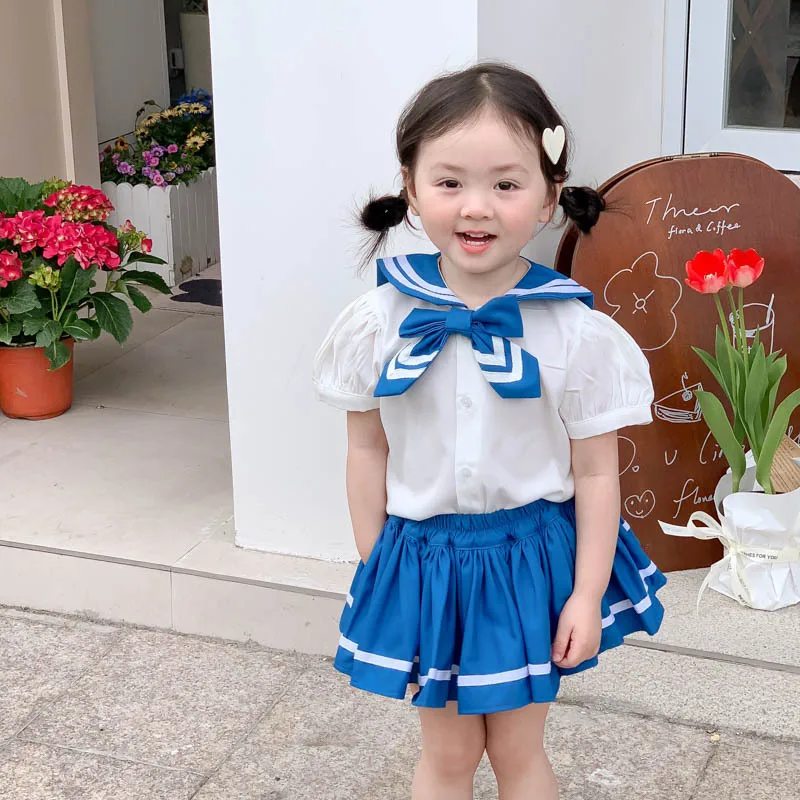 

Infant Toddler Baby Clothing Sets Student Girls Shirt Skirt Suit Kindergarten JK College Style Miniskirt Shirt Two-Piece Blue