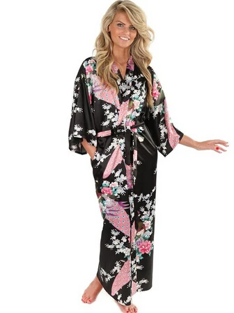 

Новое Черное женское шелковое кимоно, длинная пикантная ночная рубашка, винтажная ночная рубашка с цветочным рисунком