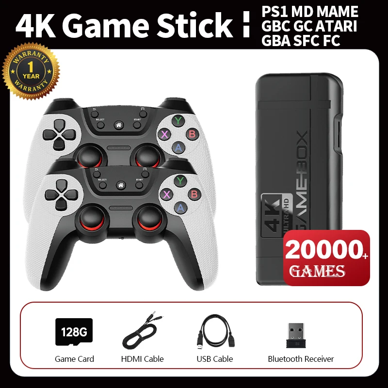 4K Game Stick Video Game Console WITH 2.4G Wireless Controller PS1 Built in 20000 Jogos HDMI 128GB Retro Games