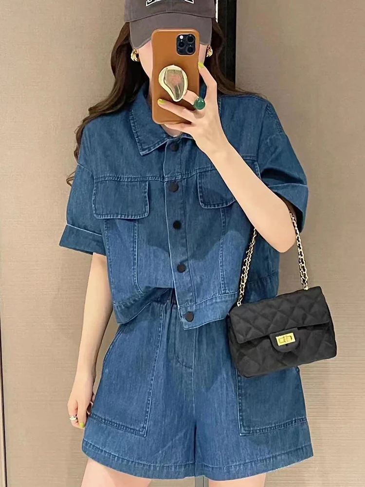 

M GIRLS Vintage Jeans Two Pieces Set Women Outfit 2023 Summer Korean Single Breasted Short Sleeved Denim Jacket Wide Leg Shorts