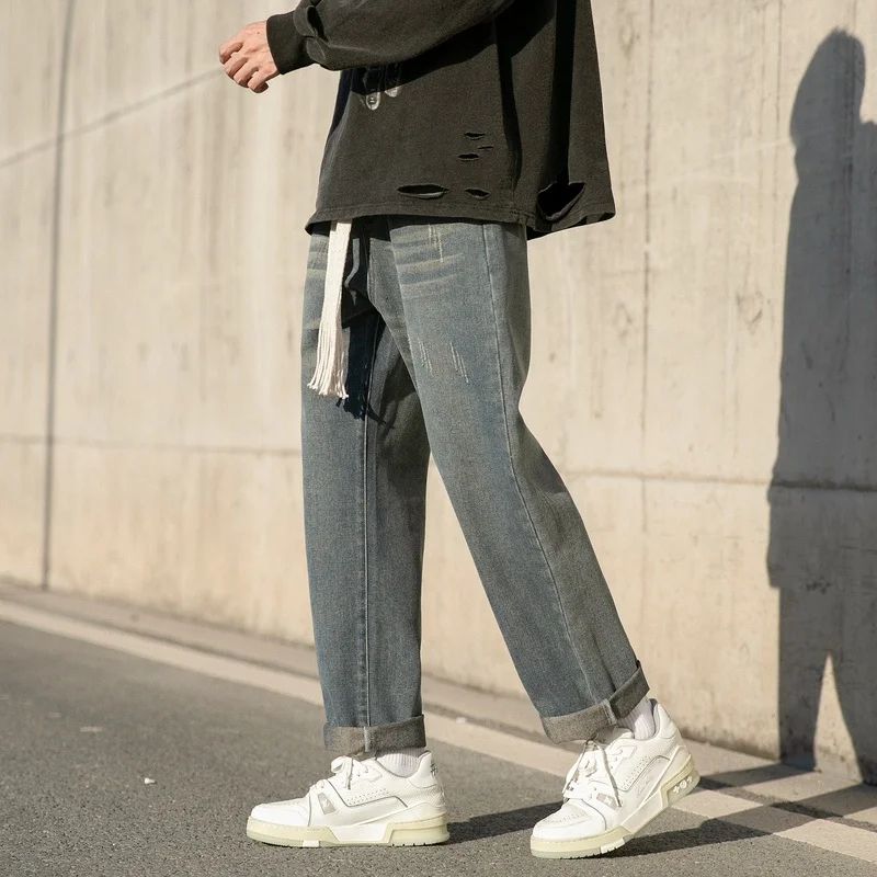 3-color Drawstring Jeans Men Fashion Retro Casual Straight Jeans Men Japanese Streetwear Hip-hop Loose Denim Pants Mens Trousers