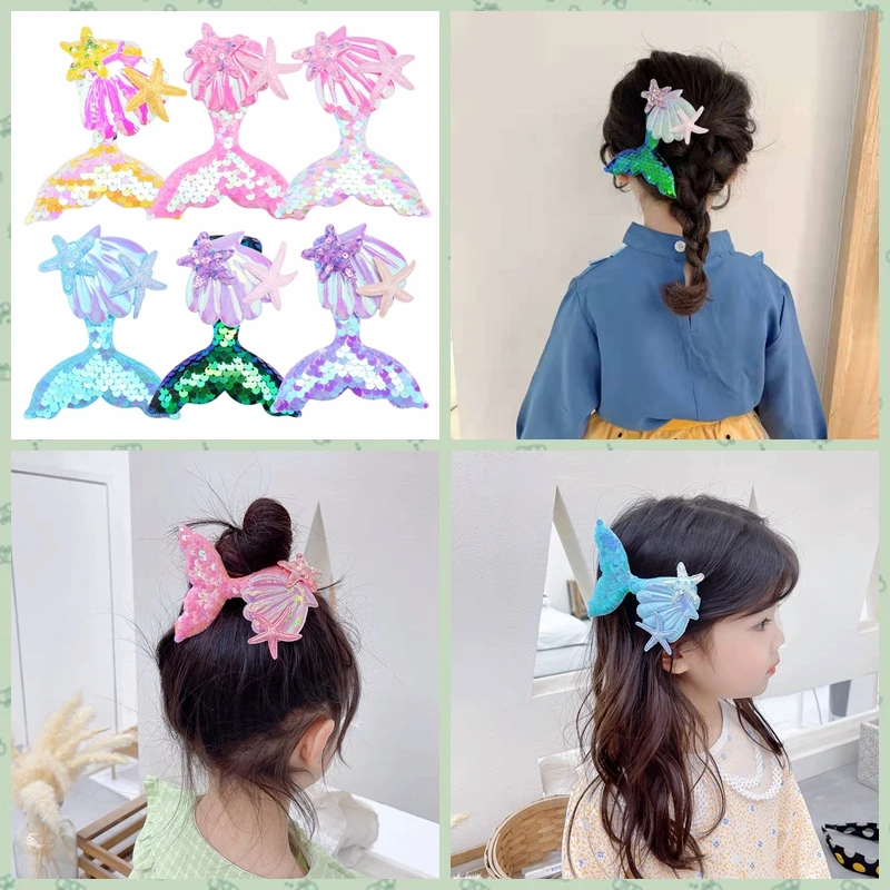 Ful Mermaid Sequins Hair Clips For Baby Girls Sparking Seashell Starfish Hairpins Birthday Party Hair Ornament
