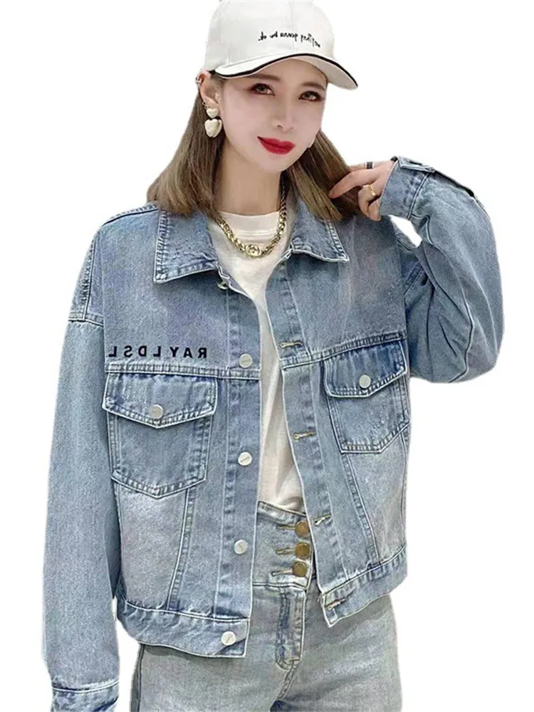 

Korean Version Fashion Denim Jacket Women Back Cartoon Diamond Top Trendy Turn Down Collar Single-breasted Jackets LR2375
