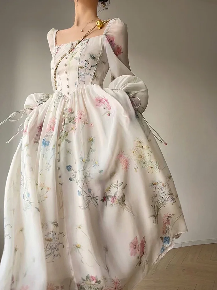 

French Elegant Floral Midi Dress Chiffon Long Sleeve Evening Party Dress Woman Beach Fairy One Piece Dress Korean Summer Vestido