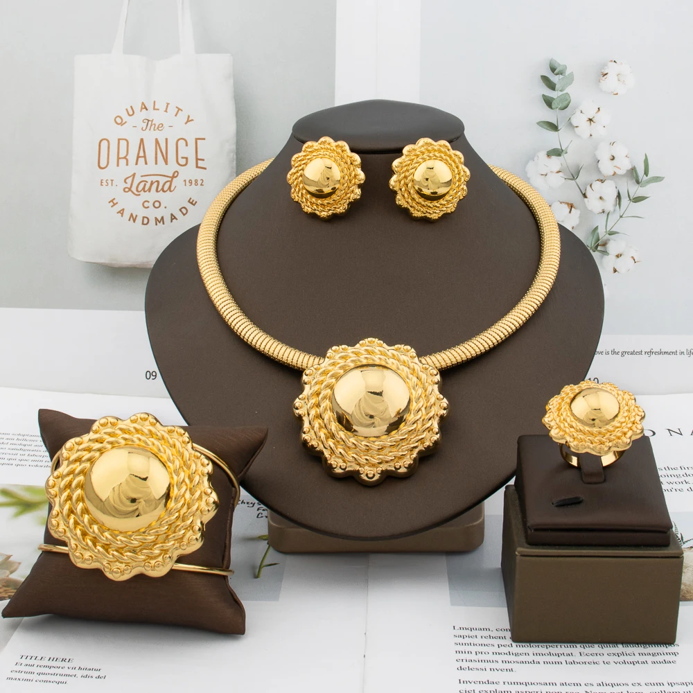 

Elegant Dubai 18K Gold Plated Jewelry Set Classic Women Necklace Earrings Ring Bracelet 4pcs Jewelry Set Party Accessories Gift