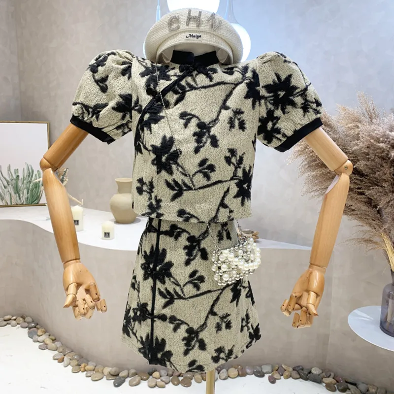 

New Women's Clothing 2022 Summer Puff short sleeve shirt top high waist skirt two piece set