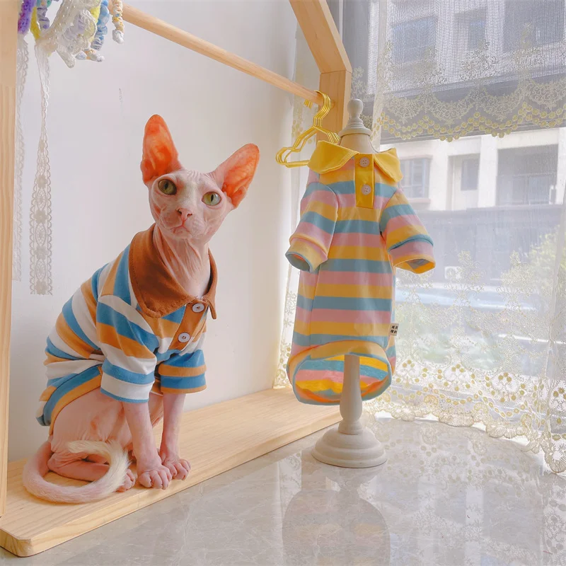 

New Hairless Cat Sweatershirt Fashion Spring Autumn Cats Striped Polo T-Shirt Sphynx Clothes Lapel Collar Undercoat for Pet