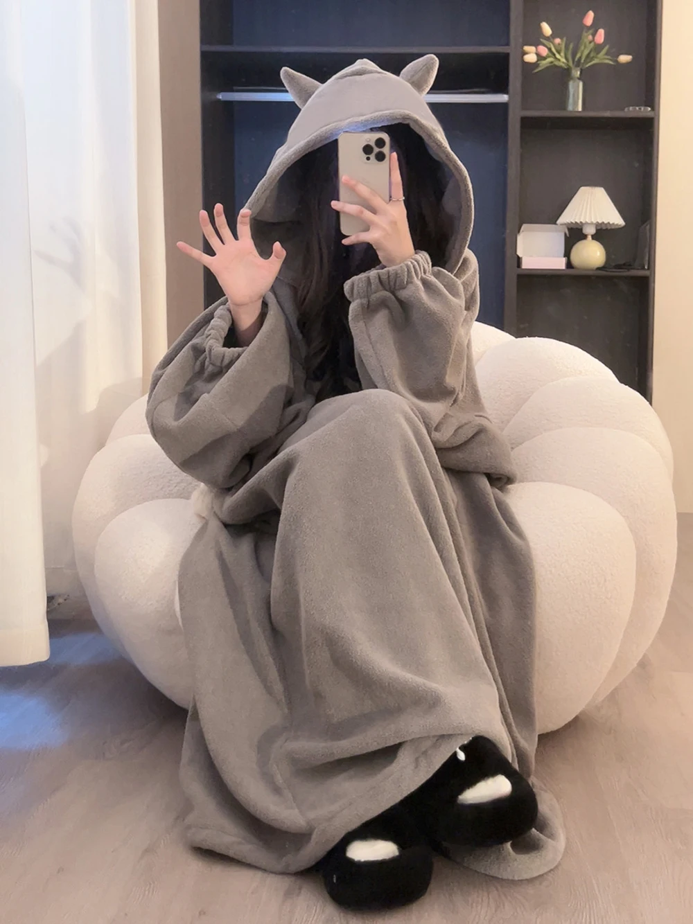 Японская мода милые пижамы из кораллового флиса с капюшоном маленького дьявола