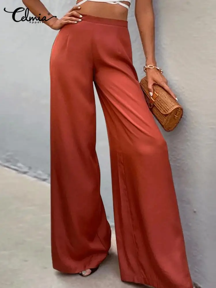 

Celmia Fashion Wide Leg Pants Women Elegant Satin Long Trousers Spring High Waist Back Zipper Pants Office Lady Leisure Pantalon