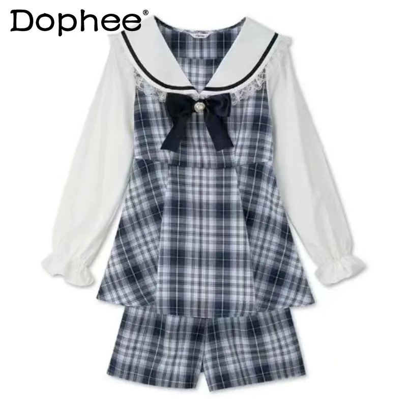 

2023 New Japanese Lolita Cute Sweet Lace Long Sleeve Mine Series Mass Production Shorts Dress Set 2 Piece Set Top Shorts Outfits