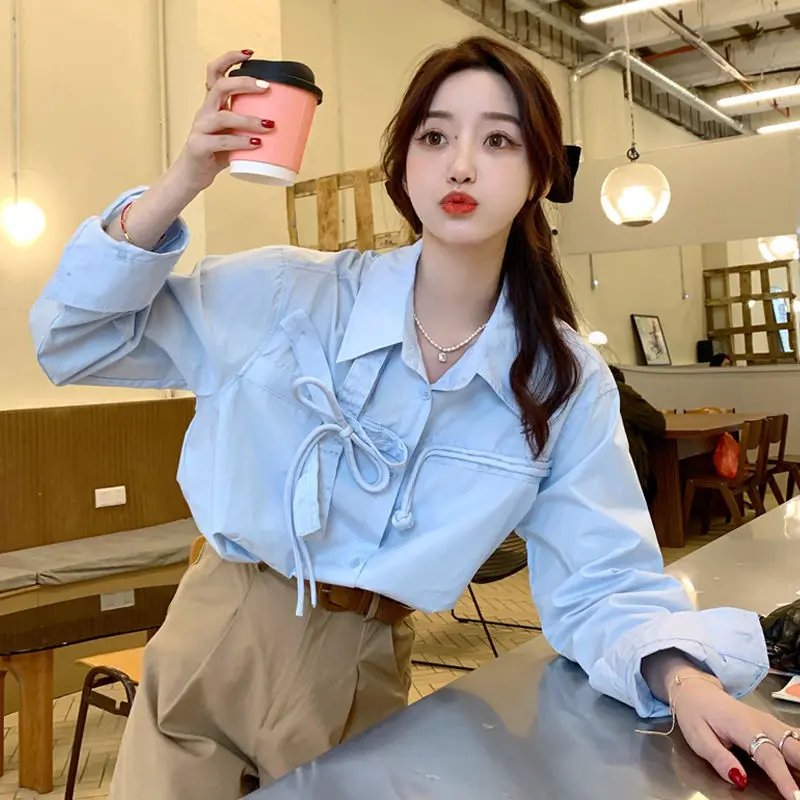 

Shirts Women Long Sleeve Notched Print Casual Korean Style French Retro Elegant Hot Sale All-match Ladies Blouses A84