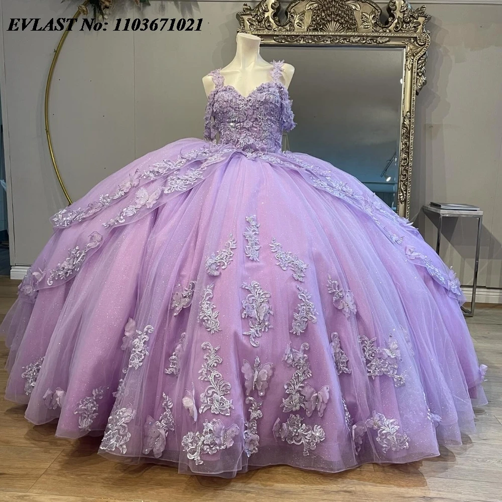 EVLAST блестящее Лавандовое Сиреневое платье Quinnceanera бальное 3D Цветочная аппликация
