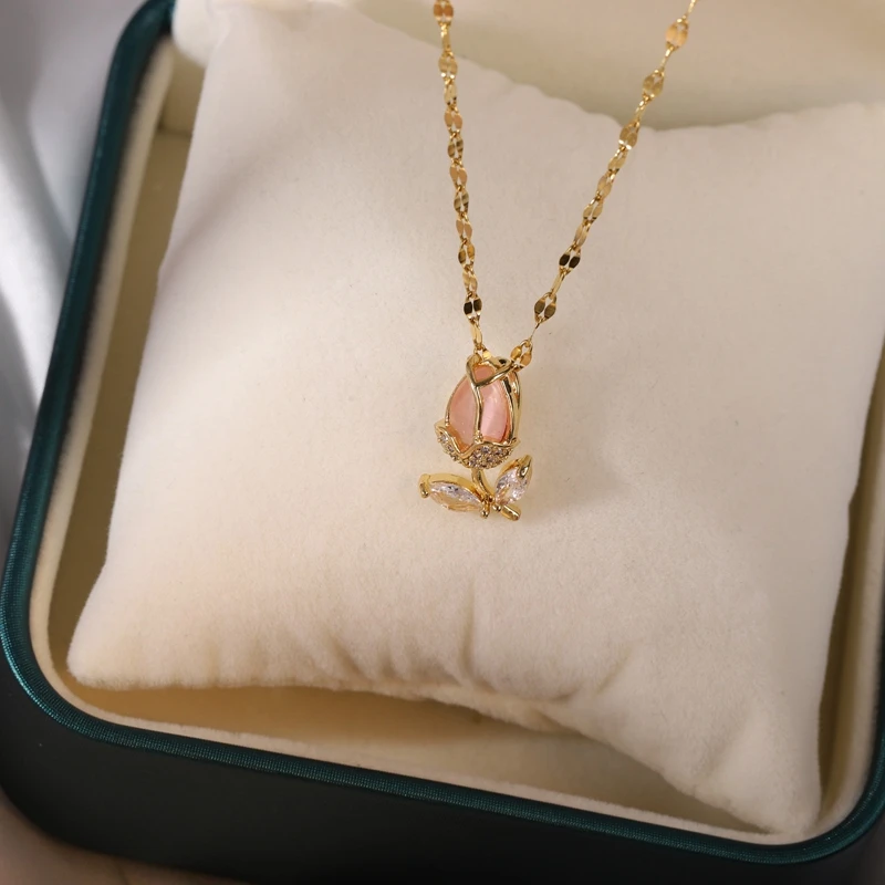 

Korean Fashion Tulip Pendant Necklace For Women Flower Necklace Zircon Wedding Party Jewelry Gifts For Girlfriend Accessories