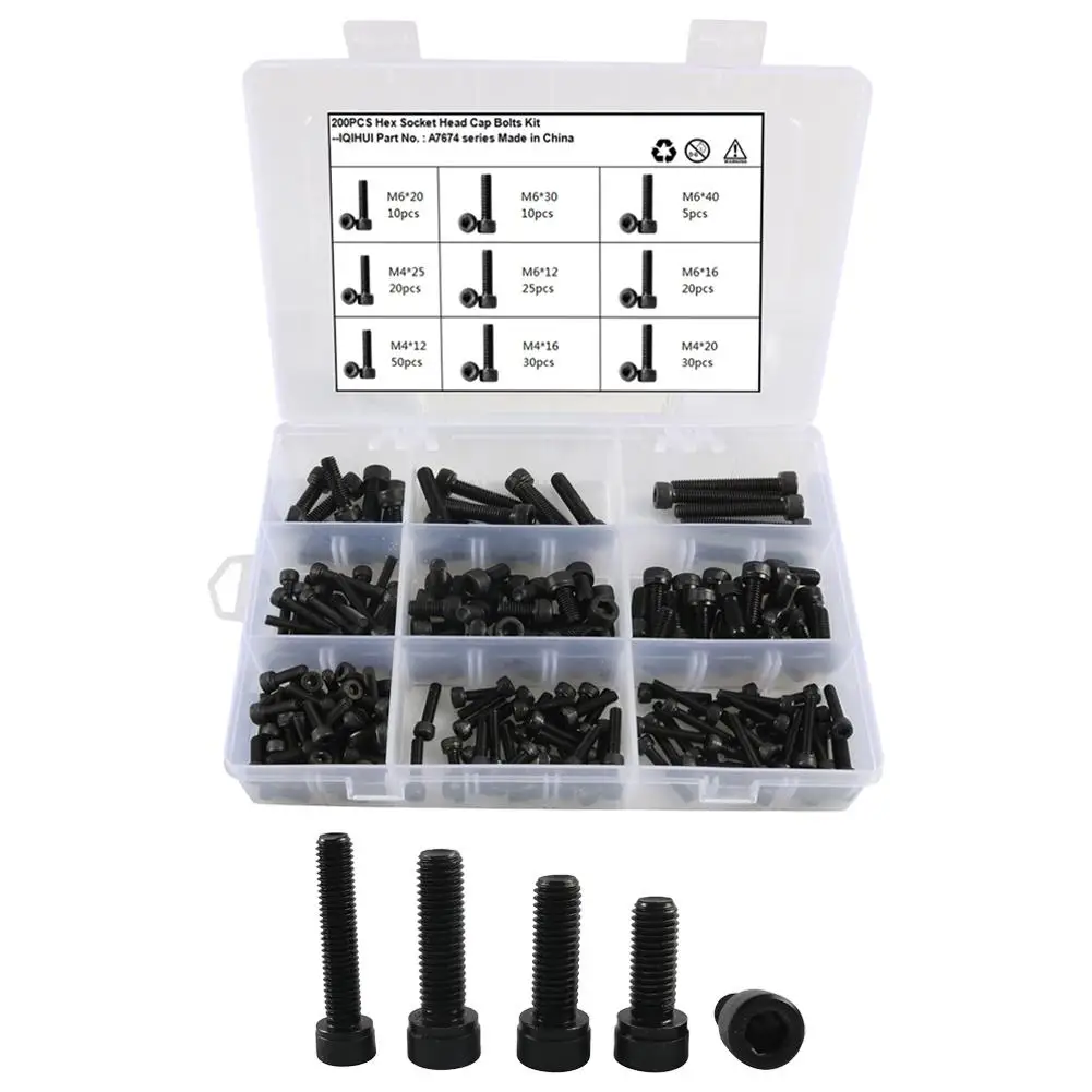 

200pcs Hexagon Socket Head Cap Bolt Kit 9 Specifications High-strength Cylindrical Head Bolts / Screws